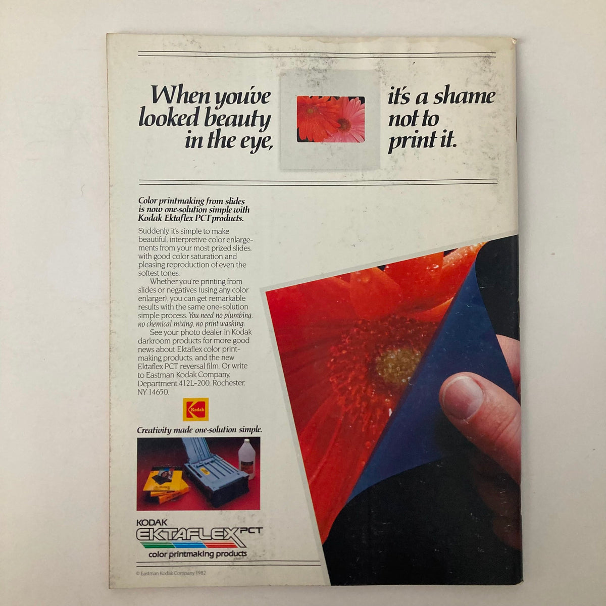 Back cover of American Photographer Magazine January 1983 featuring an advertisement for Kodak Ektaflex printmaking products, highlighting color printing from slides.