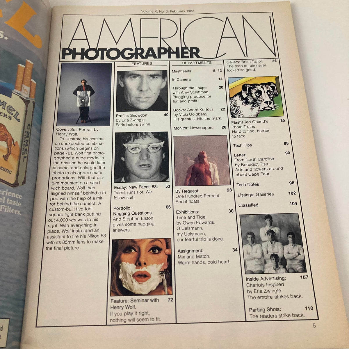 Table of contents page from American Photographer Magazine February 1983 detailing features including Henry Wolf's self-portrait and photography insights.