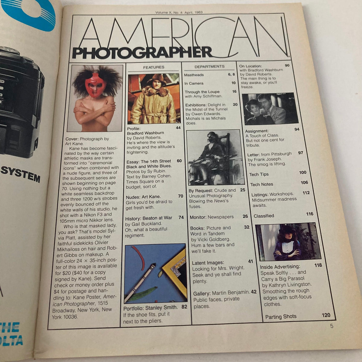 Inside spread of the American Photographer Magazine April 1983, highlighting features and articles, including a profile on Bradford Washburn and contributions by Art Kane.