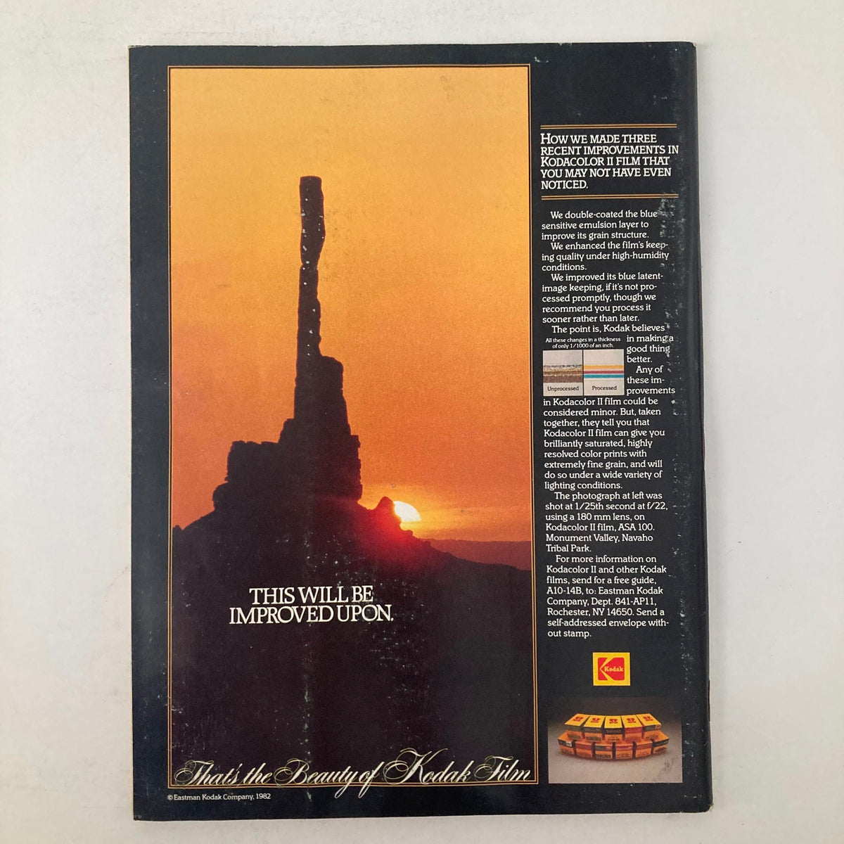 Back cover of the American Photographer Magazine April 1983, featuring a sunset silhouette image and promotional content on Kodak film technology improvements.