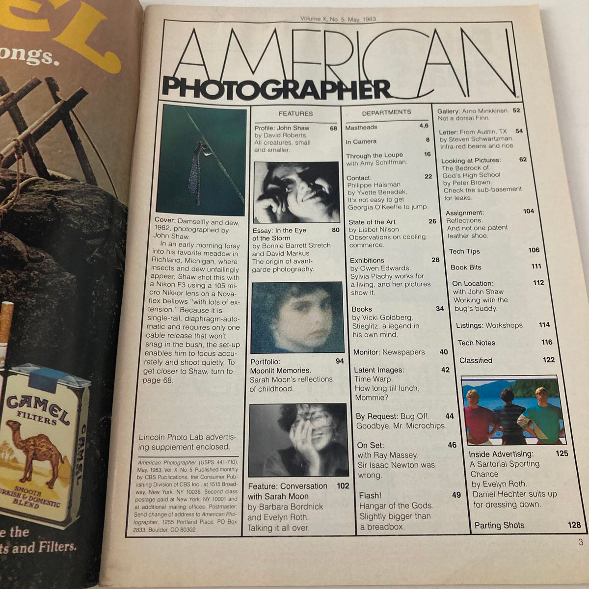 Inside page of American Photographer Magazine May 1983 displaying contents and features including photography techniques and articles.