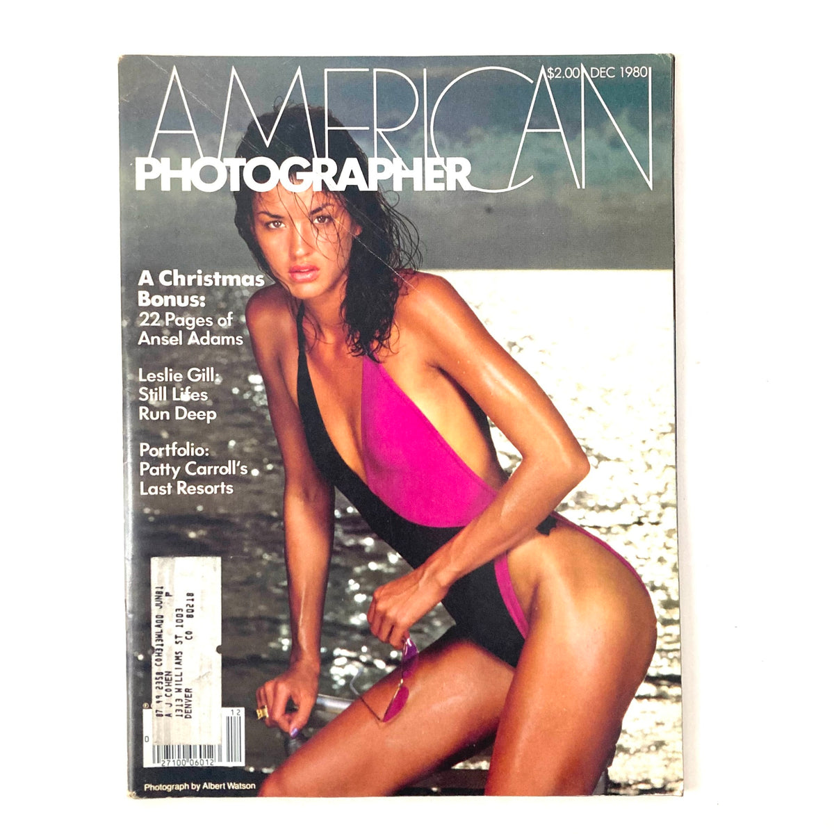 Cover of American Photographer Magazine December 1980 featuring Janice Dickinson photographed by Albert Watson. The image showcases Dickinson in a striking swimsuit against a beach backdrop.