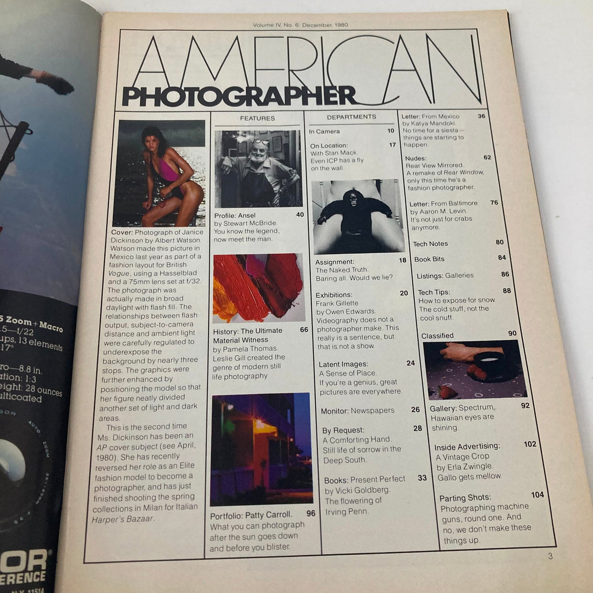 Inside page of American Photographer Magazine December 1980 displaying content features including a profile on Ansel Adams and a cover photograph of Janice Dickinson by Albert Watson.