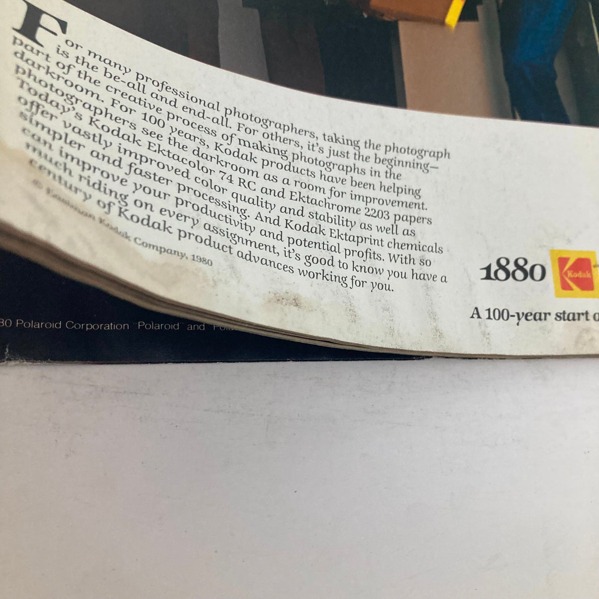 Side view of the back cover of American Photographer Magazine November 1980, featuring detailed text from a Kodak advertisement about photography products.