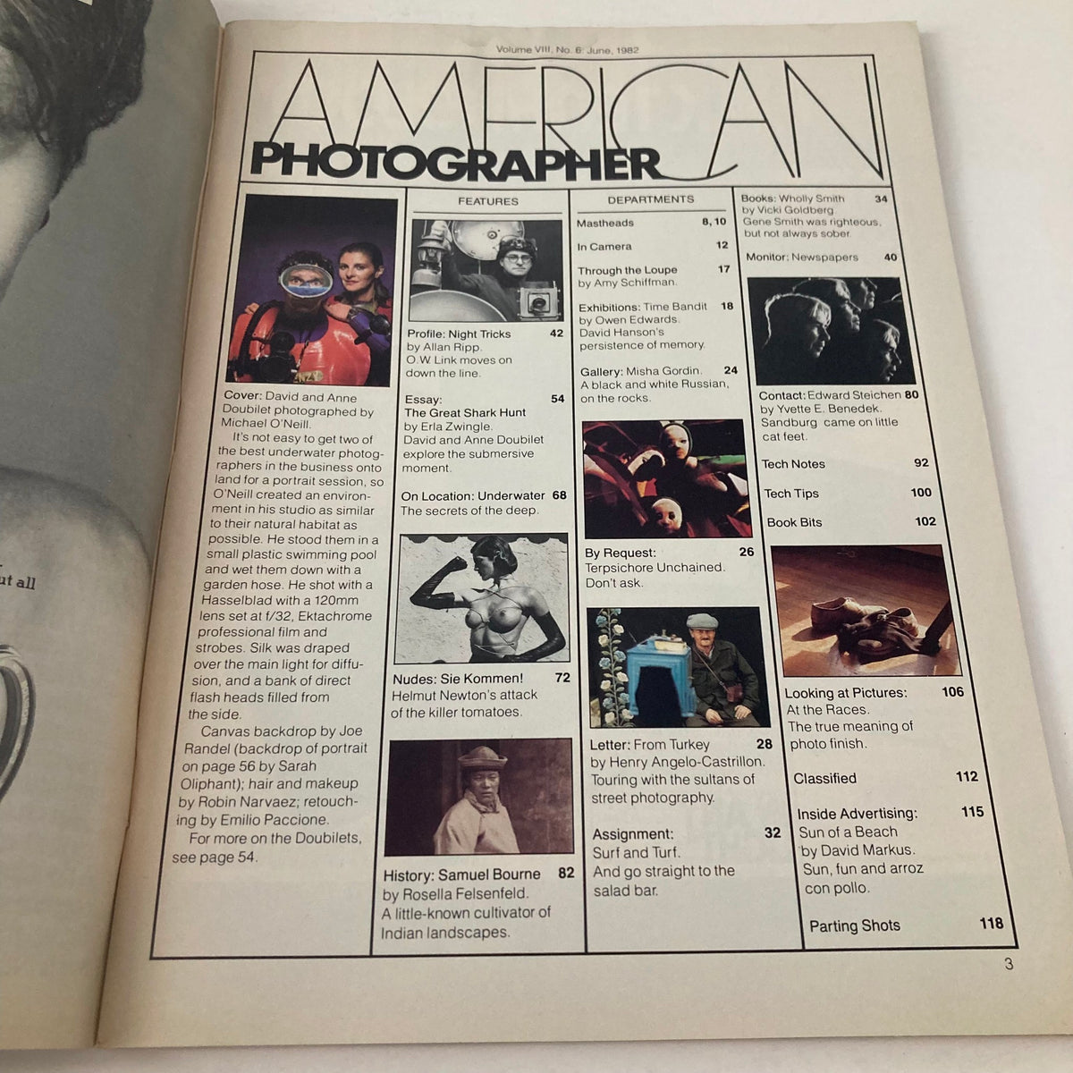 Table of contents page from American Photographer Magazine June 1982, highlighting featured articles including profiles of underwater photographers David and Anne Doubilet.