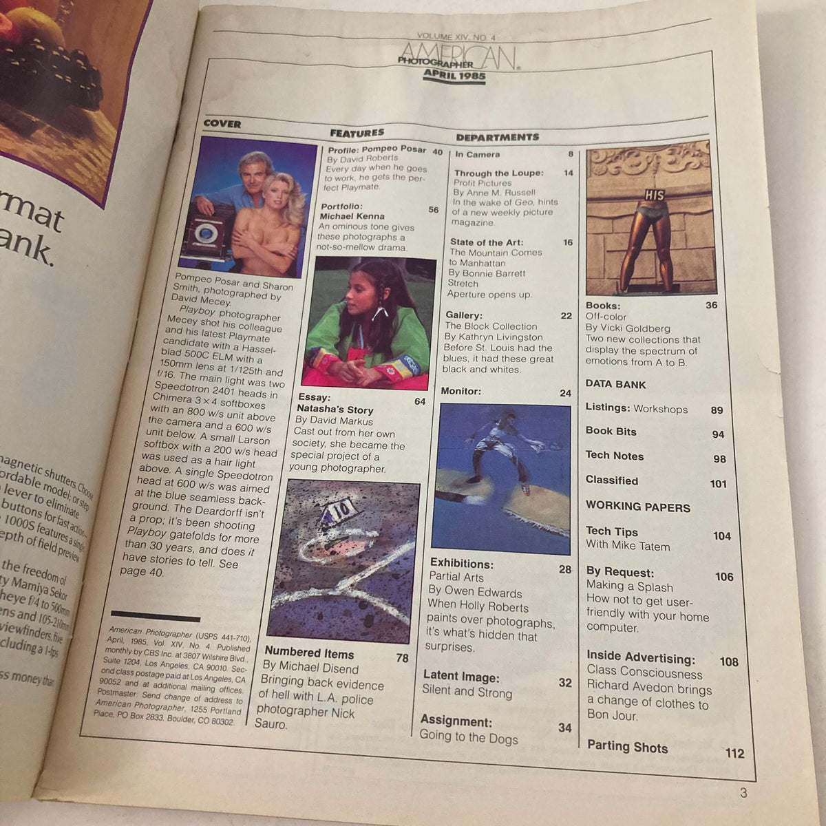 Table of contents page from American Photographer Magazine April 1985, showcasing features on notable photographers and articles relevant to mid-80s photography trends.