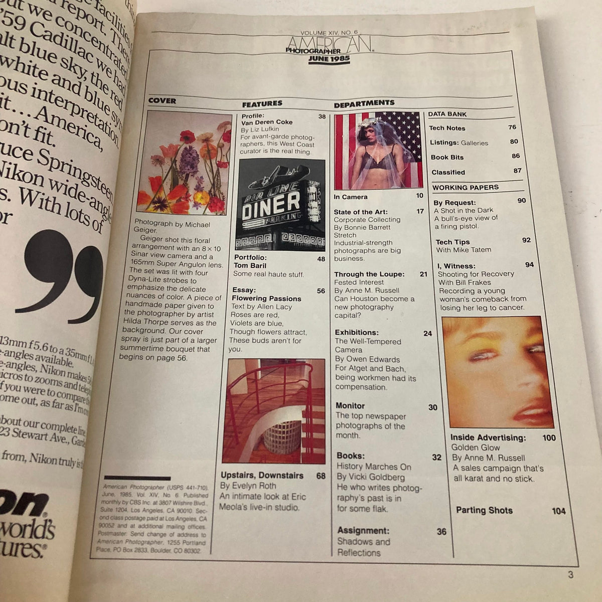 Inside page of American Photographer Magazine June 1985 featuring a vibrant cover with a larger summertime bouquet, table of contents, and articles on photography trends and techniques.