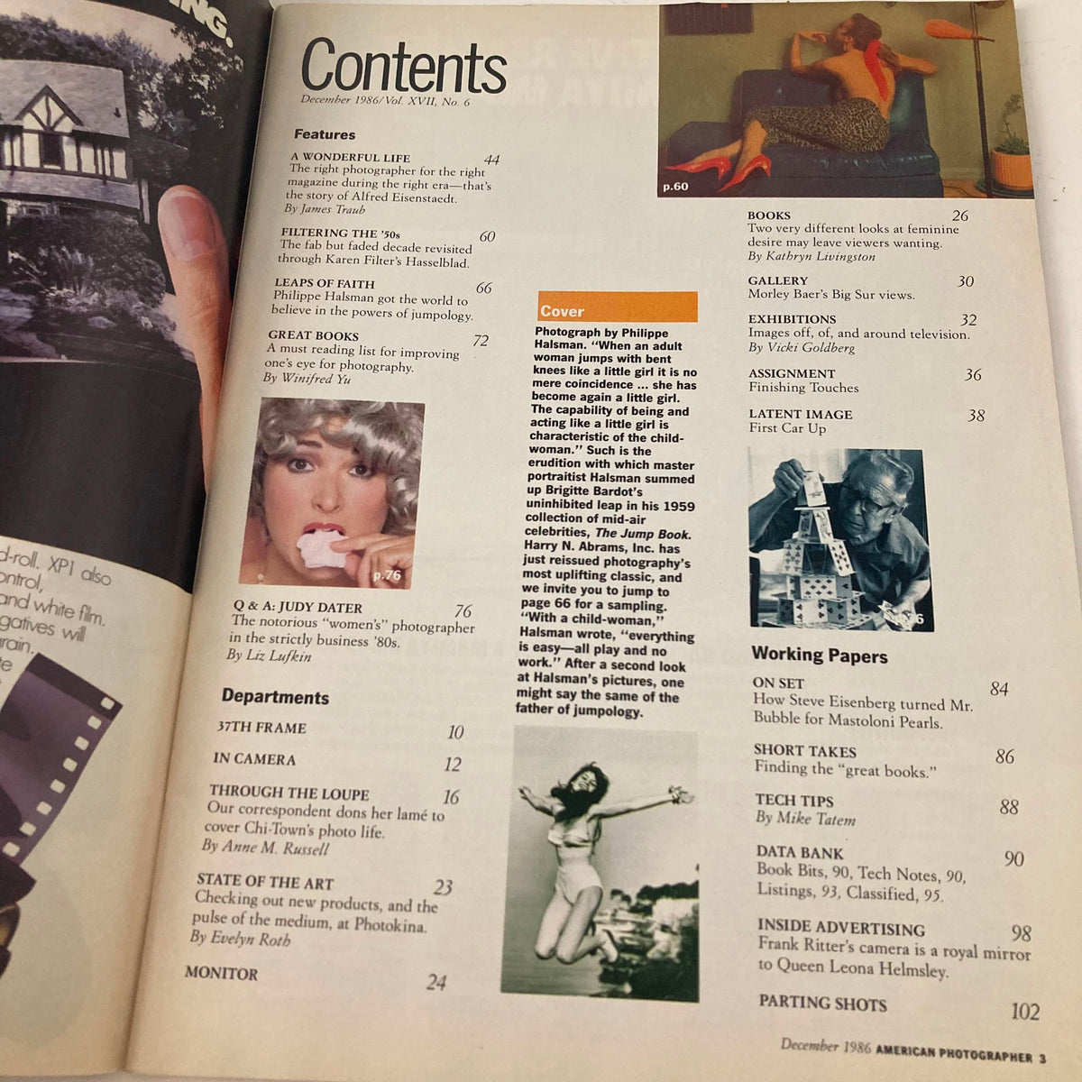 Contents page of American Photographer Magazine December 1986, highlighting articles and features including the cover photograph by Philippe Halsman of Brigitte Bardot.