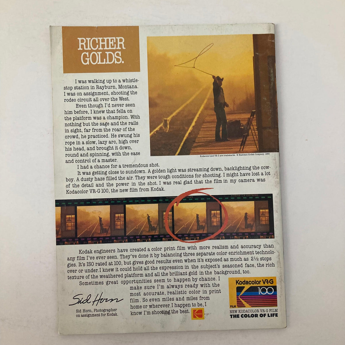 Back cover of American Photographer Magazine October 1986 featuring an article by photographer Sid Horn discussing Kodak's VR-G 100 film. The image depicts a silhouette of a cowboy practicing lassoing at sunset, highlighting the themes of photography and film technology from the mid-1980s.