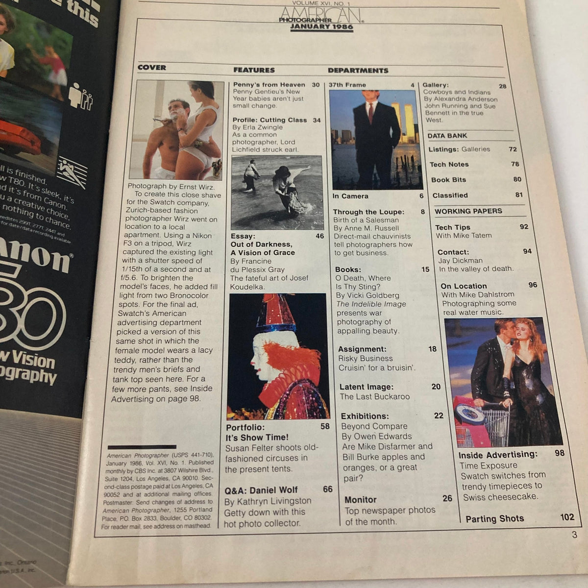 Table of contents from American Photographer Magazine January 1986, highlighting features like 'Penny's from Heaven', 'Portfolio: It's Show Time!', and various photography insights, reflecting the content of the issue 'Close Shave for Swatch Company'.