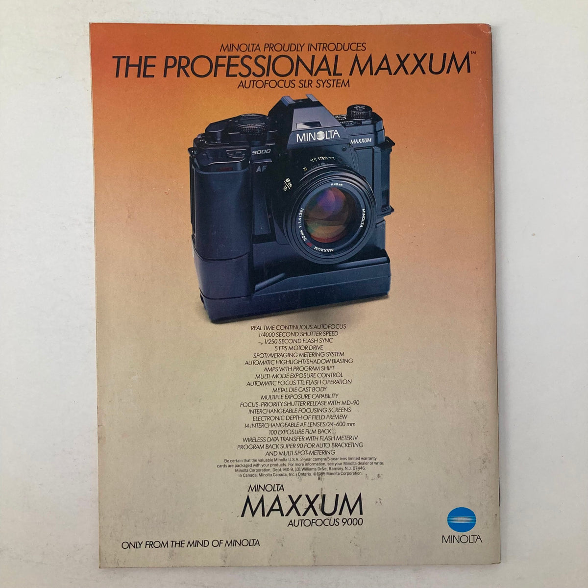Back cover of American Photographer Magazine February 1986 advertising the Minolta Maxxum autofocus SLR system.