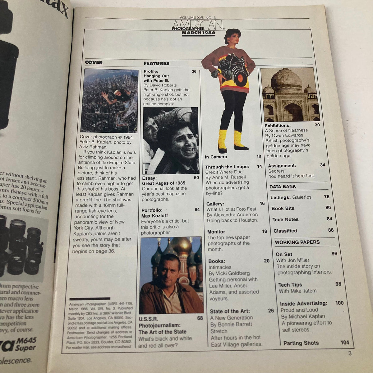 Inside page of American Photographer Magazine March 1986 detailing features and contents, including a profile on Peter B. Kaplan.