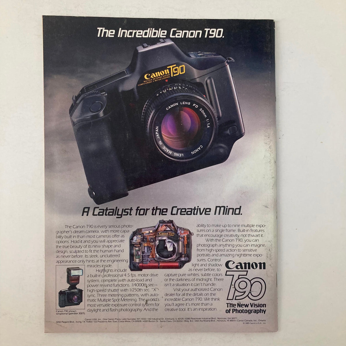 Advertisement for the Canon T90 camera in the American Photographer Magazine March 1986, illustrating the features and capabilities of the camera.