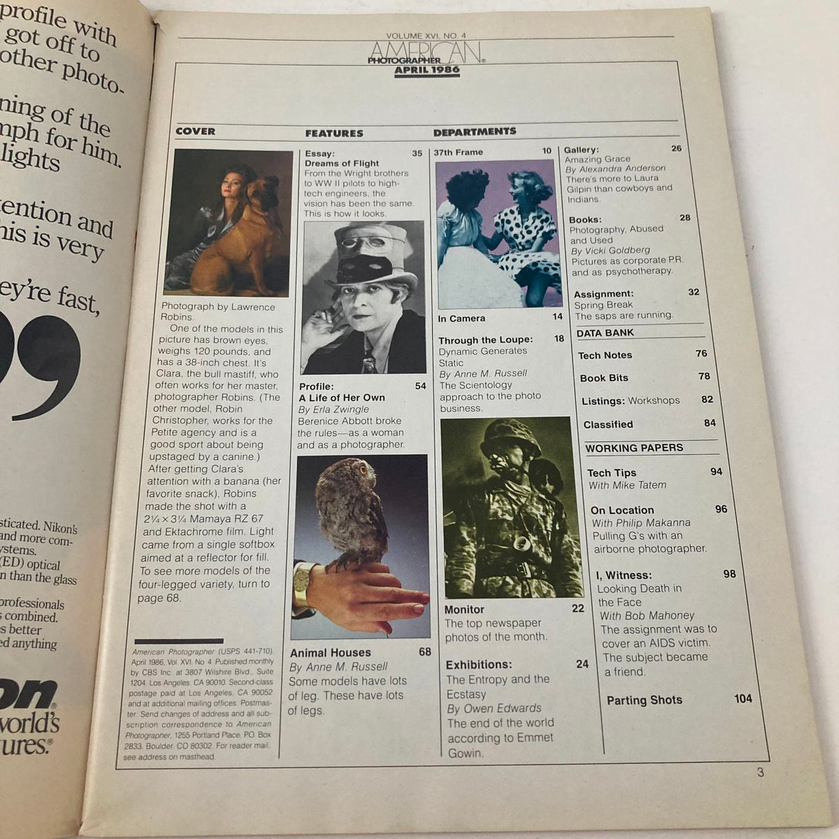 Interior page of American Photographer Magazine April 1986 displaying the table of contents, with articles on photography and featured works by Clara and Robin Christopher.