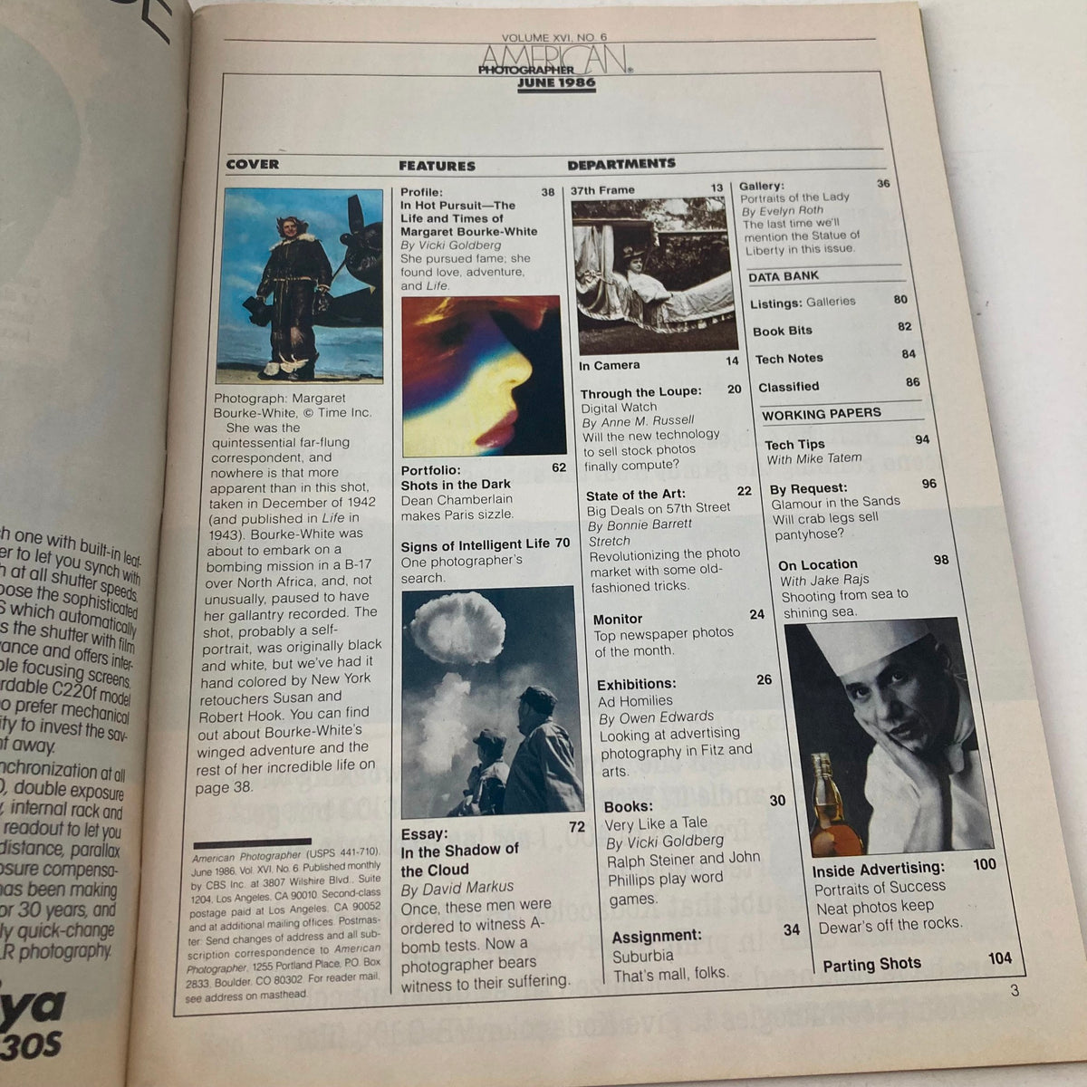 Inside page of American Photographer Magazine June 1986, highlighting the content and features of the issue, including a profile of Margaret Bourke-White.