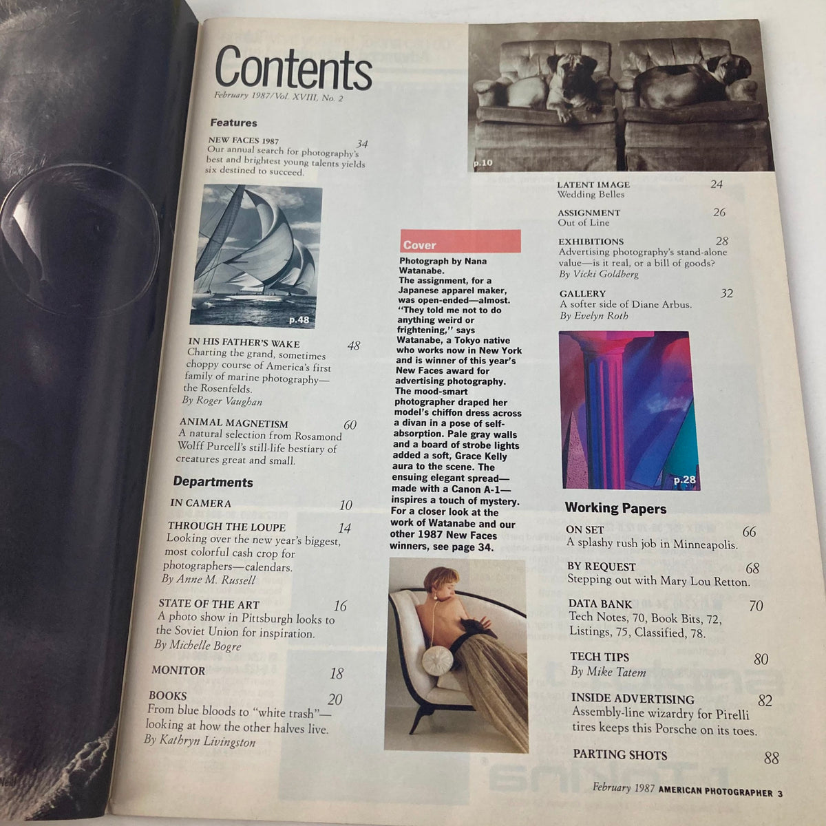 Contents page of the American Photographer Magazine February 1987, highlighting articles and features including the cover photo by Nana Watanabe.