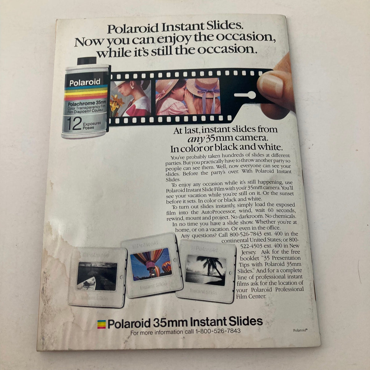 Polaroid advertisement from American Photographer Magazine March 1985 promoting instant 35mm slides with a visual showcasing various photo slides.