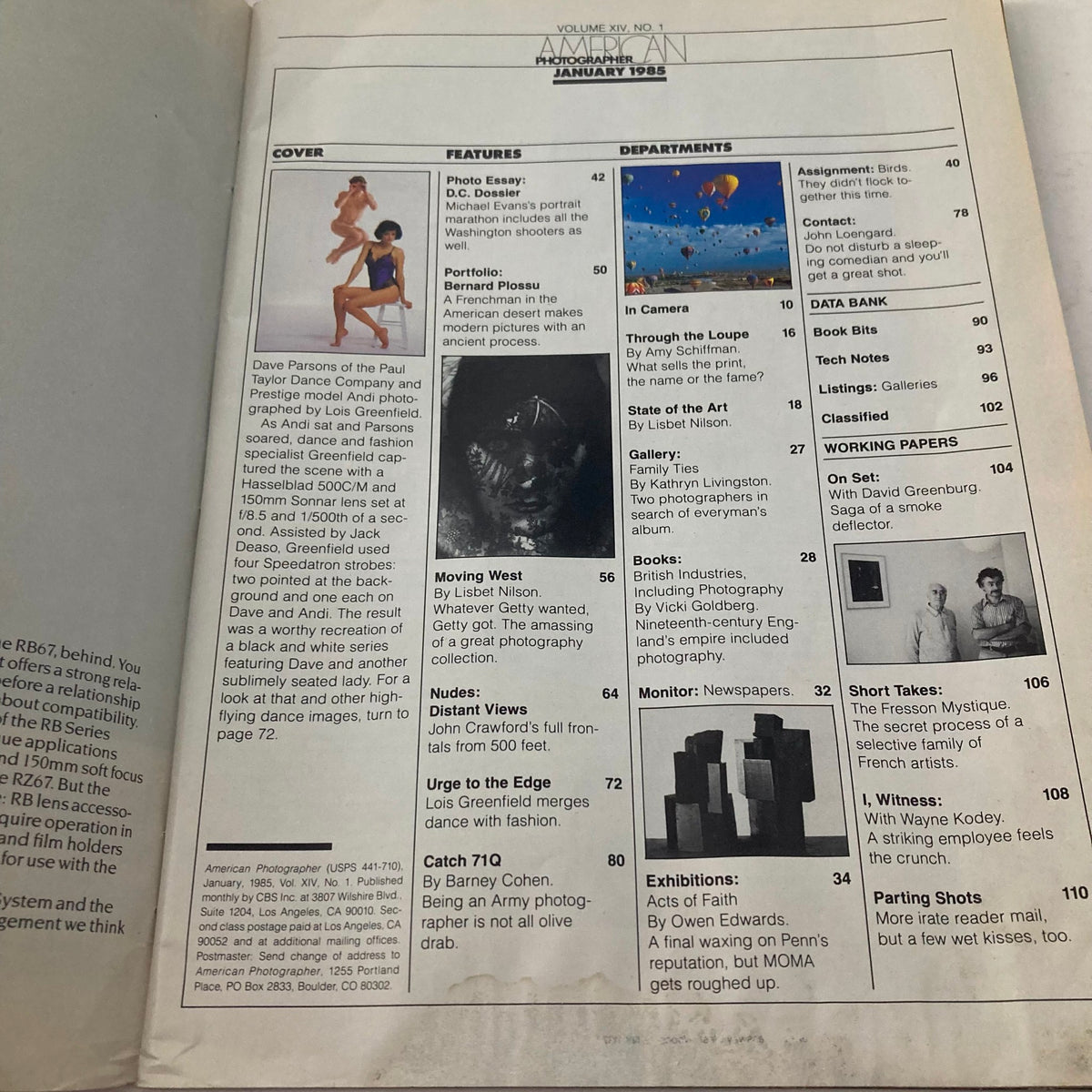 Inside page of American Photographer Magazine January 1985 showcasing the contents including features and departments such as 'Photo Essay', 'Portfolio', and 'Moving West'.
