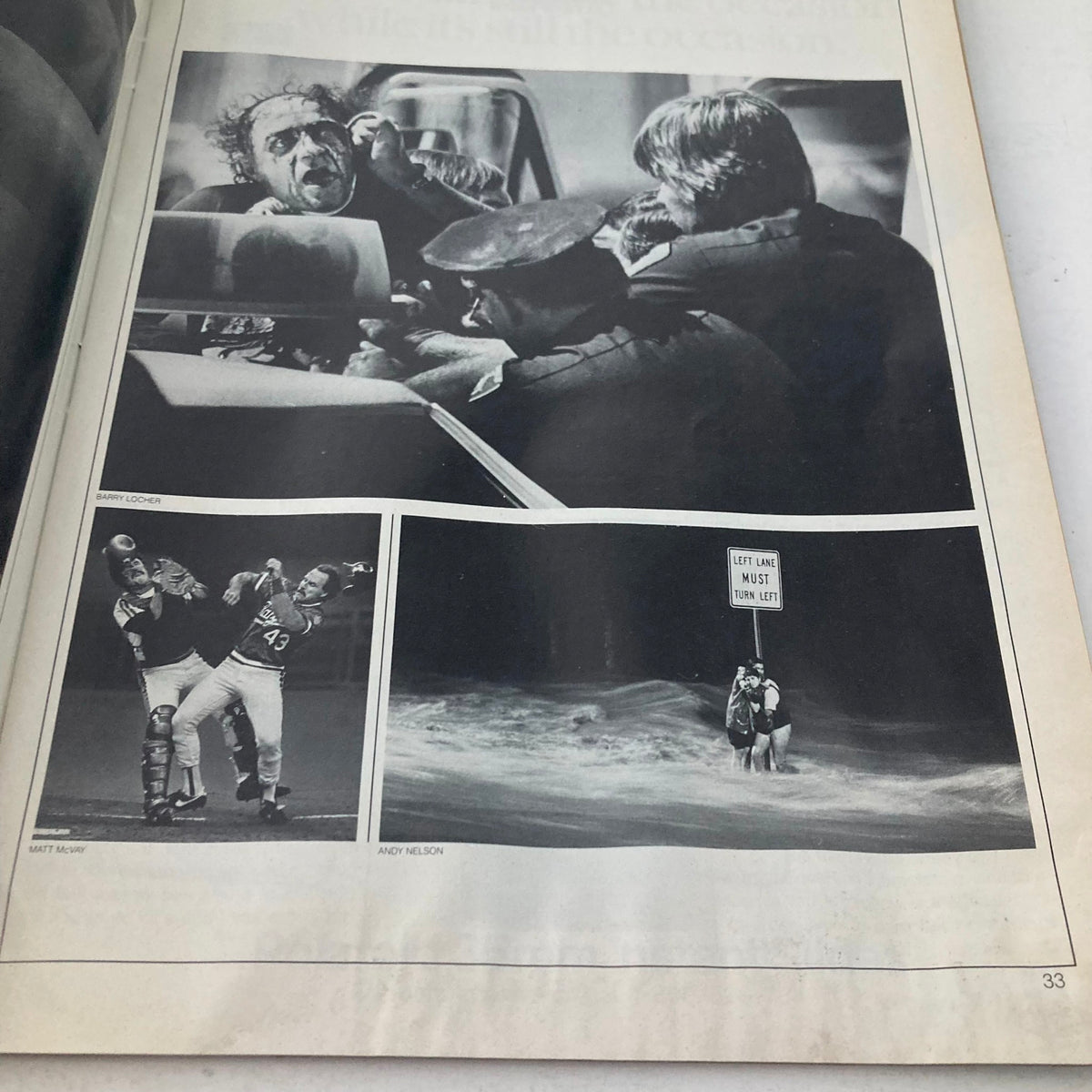 Photograph from American Photographer Magazine January 1985 displaying black and white images of dramatic moments including a police scene and sports action photography.