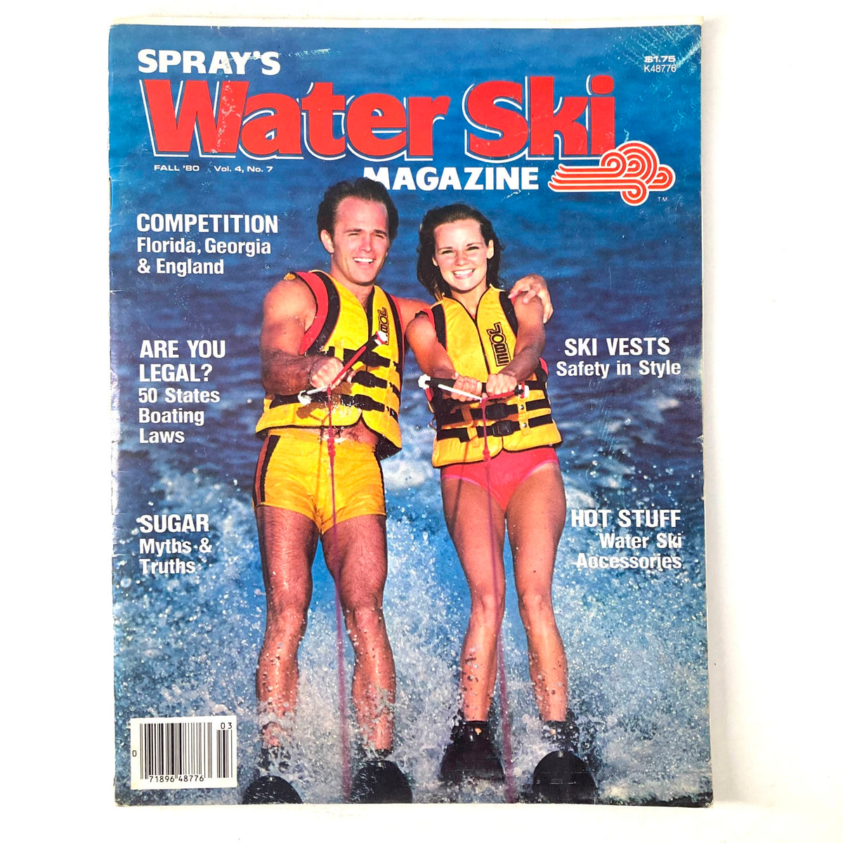 Cover of Spray's Water Ski Magazine, Fall 1980, Vol 4 No. 7, featuring a man and woman in safety ski vests on water with the title Ski Vests Safety in Style prominently displayed.