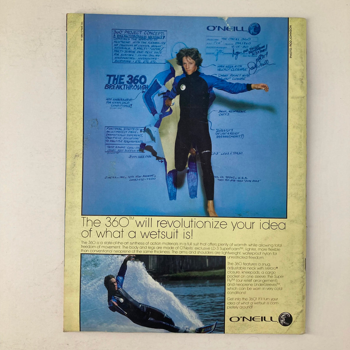 Advertisement for O'Neill wetsuit featured in Spray's Water Ski Magazine, Fall 1980, Vol 4 No. 7, promoting the 360 wetsuit concept and its innovative features for water sports.