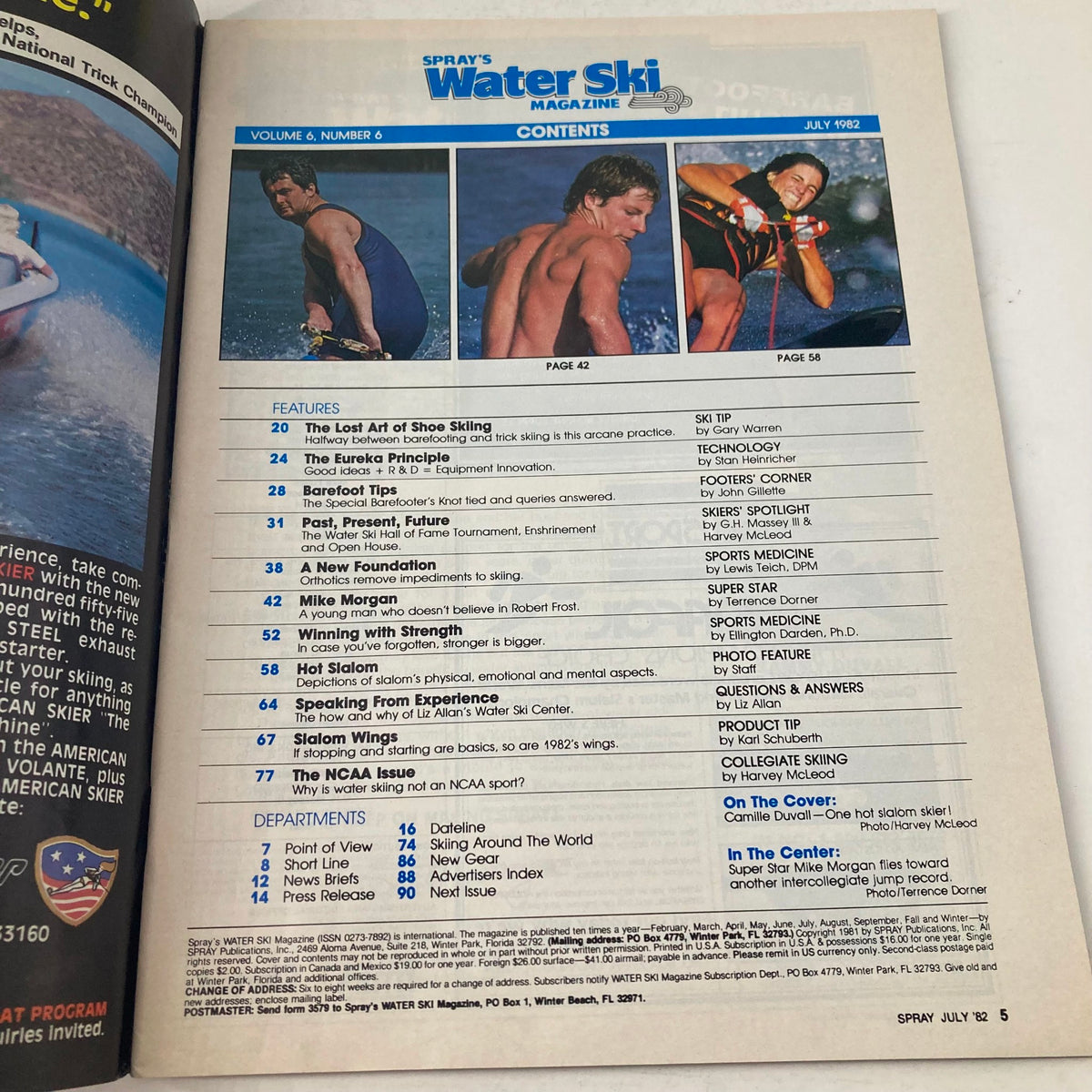 Contents page of Spray's Water Ski Magazine July 1982 Vol 6 No. 6 displaying article titles and images related to water sports, emphasizing the magazine's features and sections for readers.