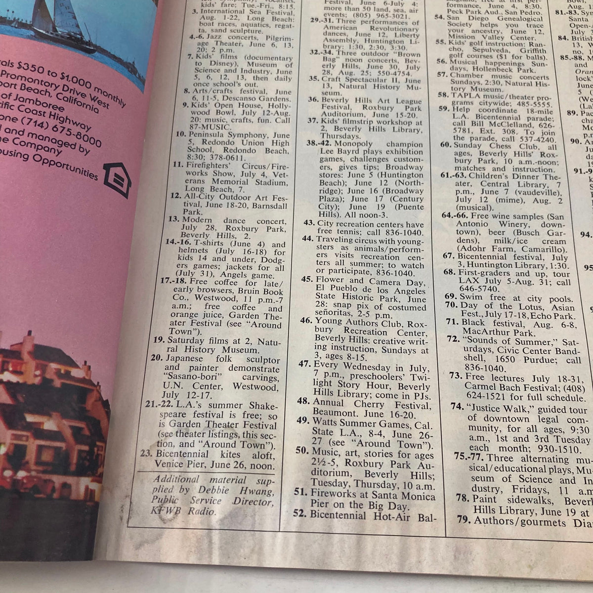 Interior city event listings from the June 1976 Los Angeles Magazine, showcasing local events and activities, relevant to the VTG Los Angeles Magazine June 1976 Actress Jacqueline Bisset Cover Photo.