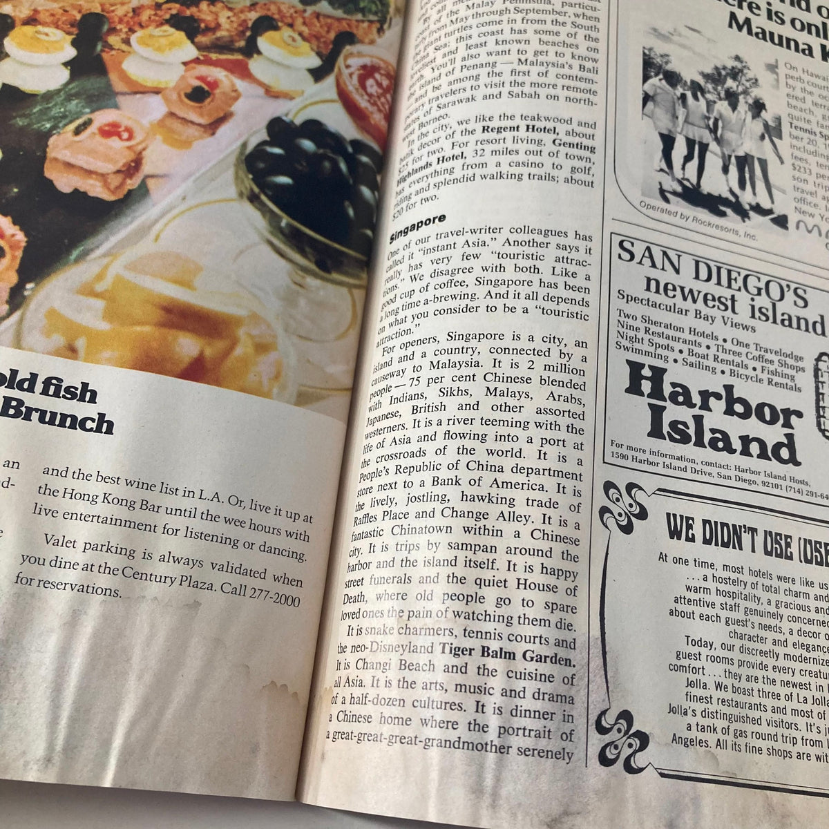 An article about travel destinations in the June 1976 Los Angeles Magazine, featuring Singapore and its attractions, linked to the VTG Los Angeles Magazine June 1976 Actress Jacqueline Bisset Cover Photo.