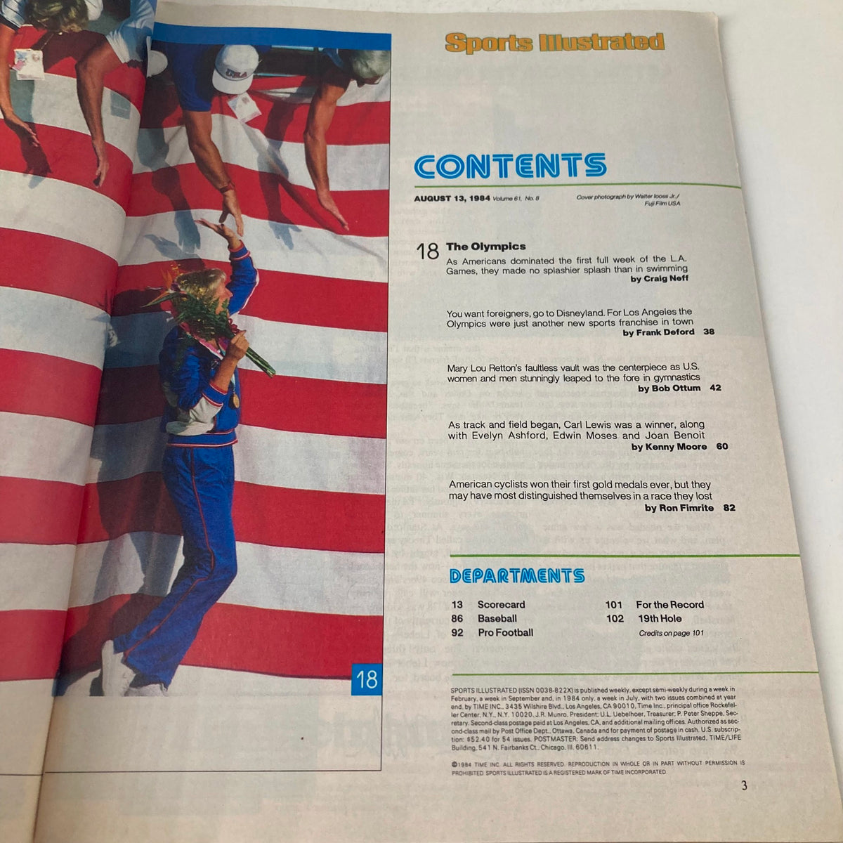 Inside pages of Sports Illustrated Magazine August 13 1984 displaying the contents section, featuring stories including Mary Lou Retton and the Olympics, set against a backdrop of the American flag.