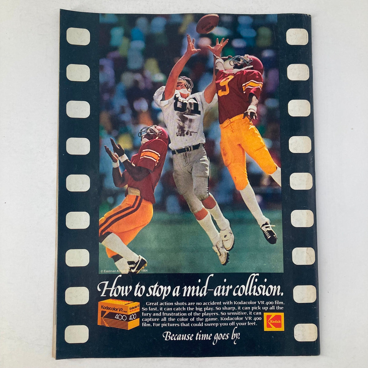 Back cover of Sports Illustrated Magazine August 13 1984 showcasing an advertisement about capturing action shots with Kodak film, featuring a dramatic football scene.