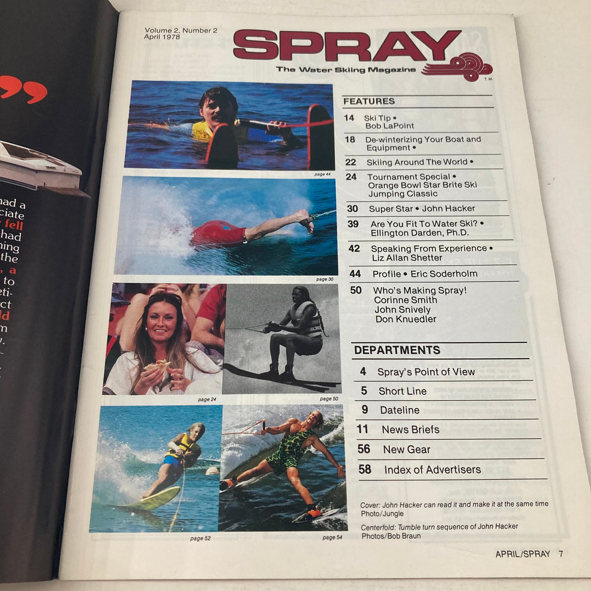 Inside page of Spray The Waterskiing Magazine April 1978 displaying the table of contents with features including John Hacker. It highlights various articles related to waterskiing, showcasing the magazine's dedication to the sport's enthusiasts.