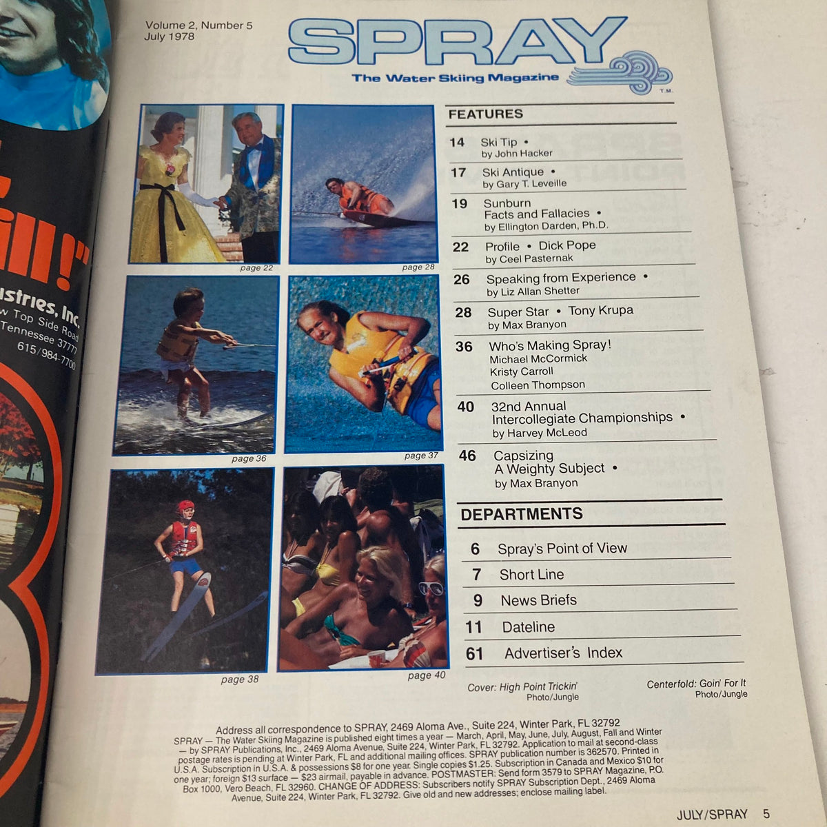 Table of contents from Spray The Waterskiing Magazine July 1978, detailing features including an article on Tony Krupa and various waterskiing topics.