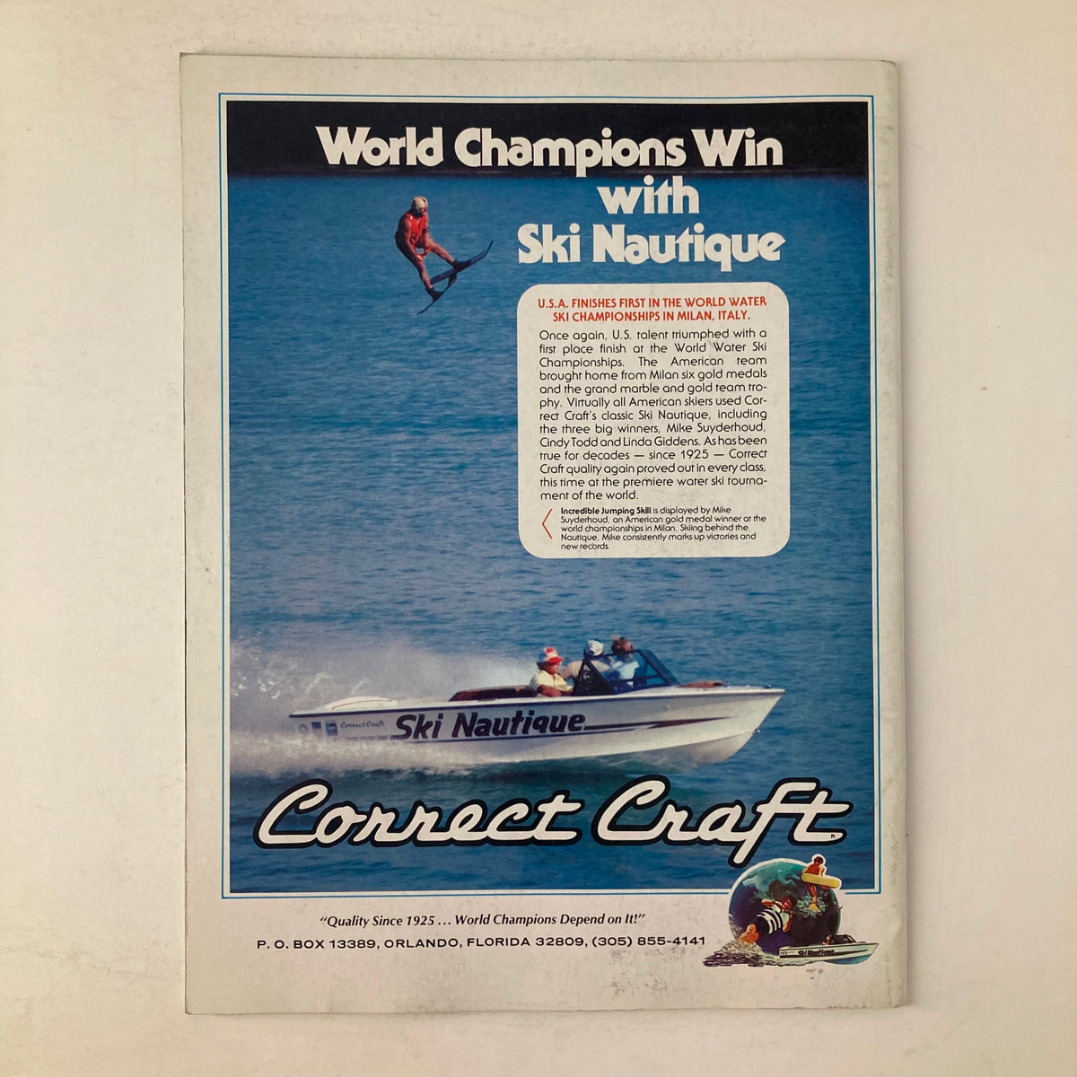 Back cover advertisement of Spray The Waterskiing Magazine July 1978, featuring a promotion for Ski Nautique, linking waterskiing championships with the brand.