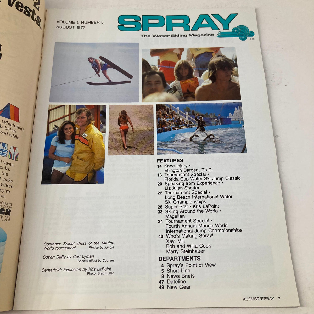 Interior page of Spray The Water Skiing Magazine August 1977, displaying features and content along with images from water skiing events.