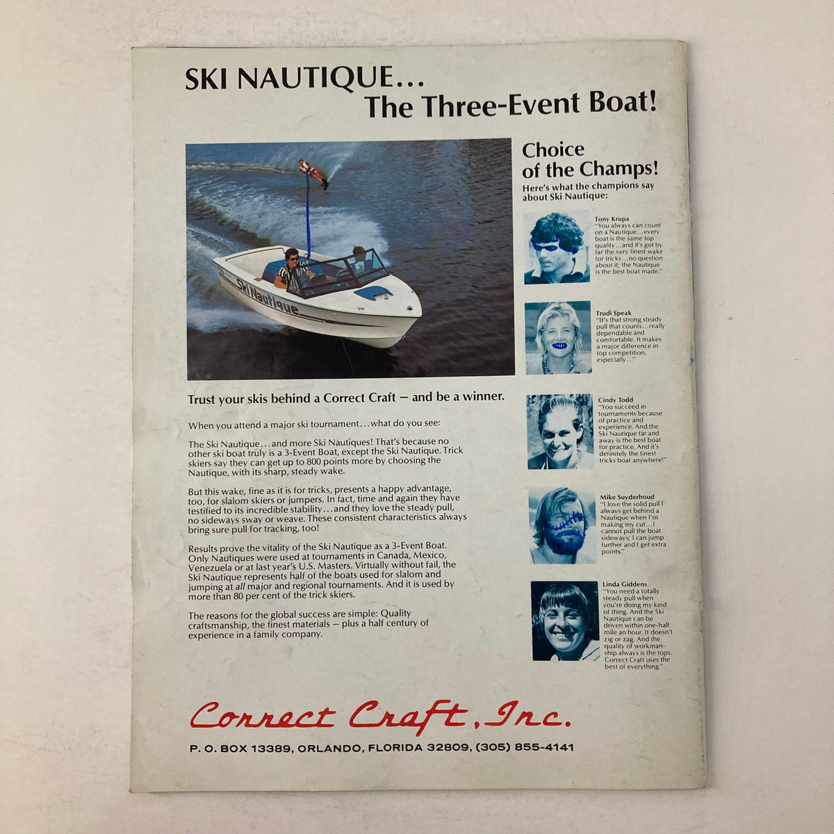 Advertisement page from Spray The Water Skiing Magazine August 1977, promoting the Ski Nautique three-event boat with endorsements from famous water skiers.