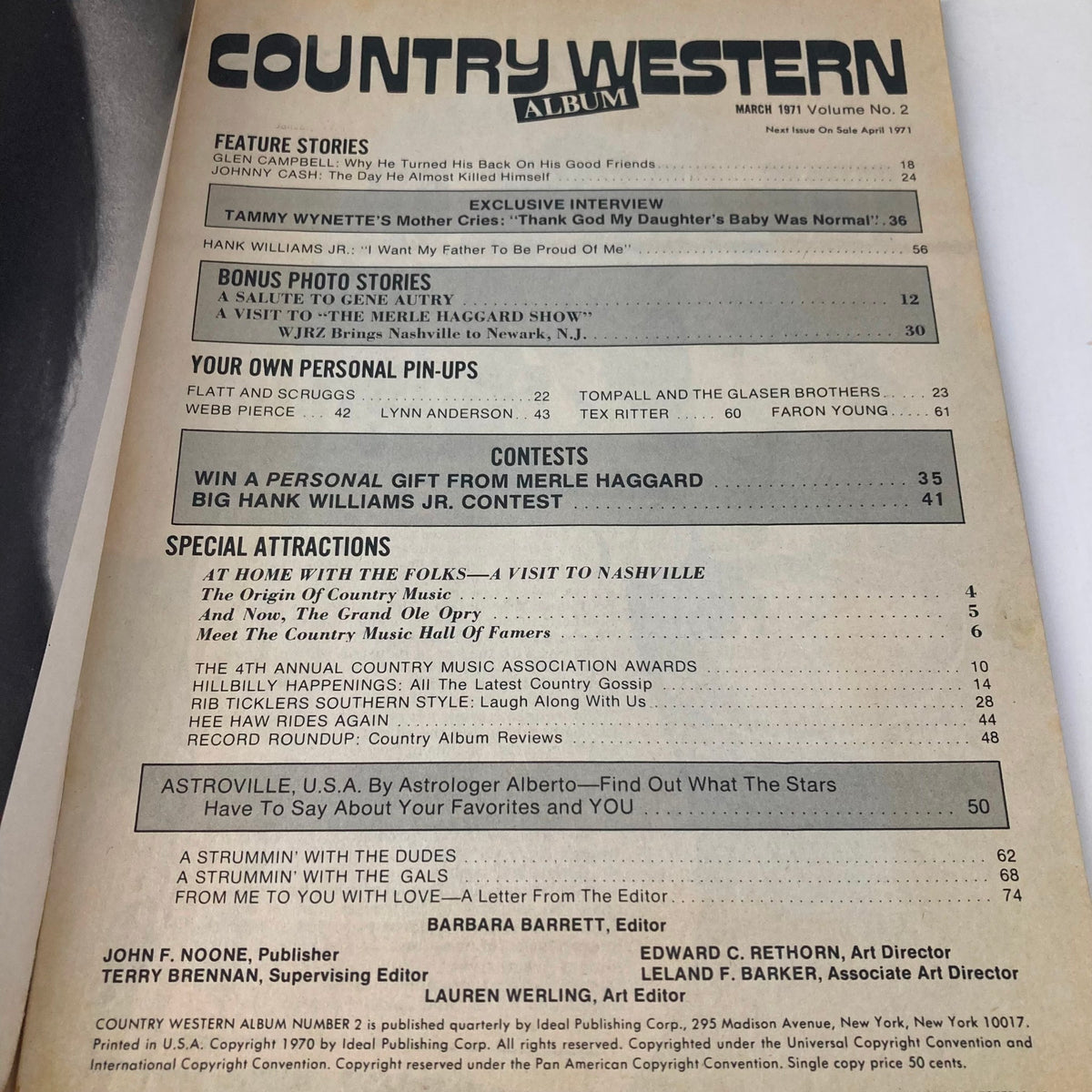 Interior page of the Country Western Album Magazine No. 2 from March 1971 featuring articles and feature stories on country music, including Glen Campbell and Hank Williams Jr.