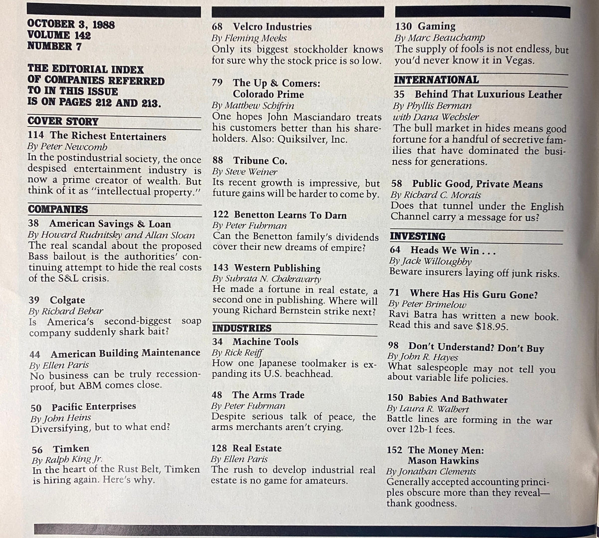 Interior page of Forbes Magazine October 3, 1988 displaying the editorial index of companies and notable articles discussed in this issue.