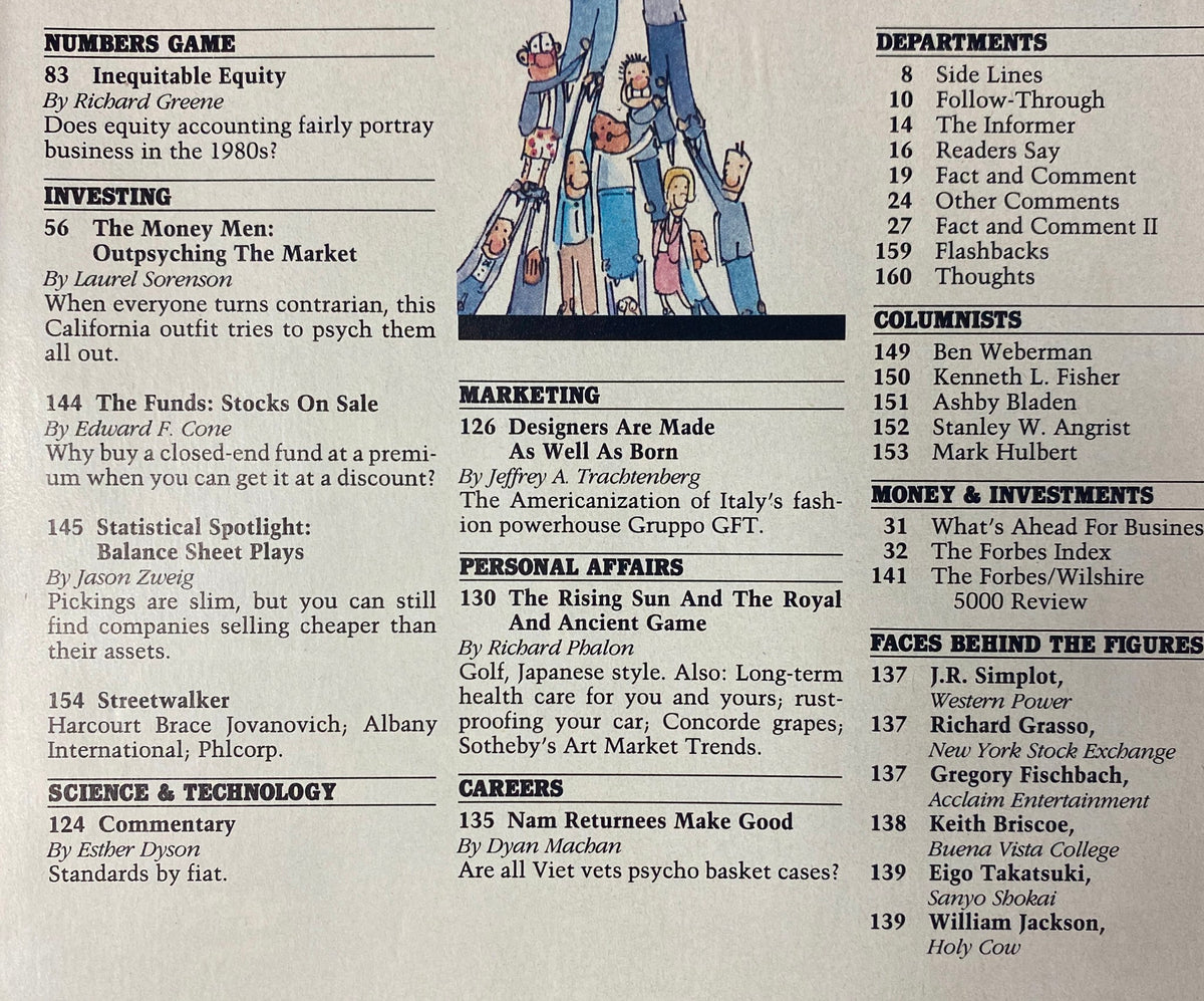 Content page from Forbes Magazine dated July 11, 1988, showcasing articles related to investing, marketing, and technology trends from the perspective of Charles Wang and the business landscape of the late 1980s.