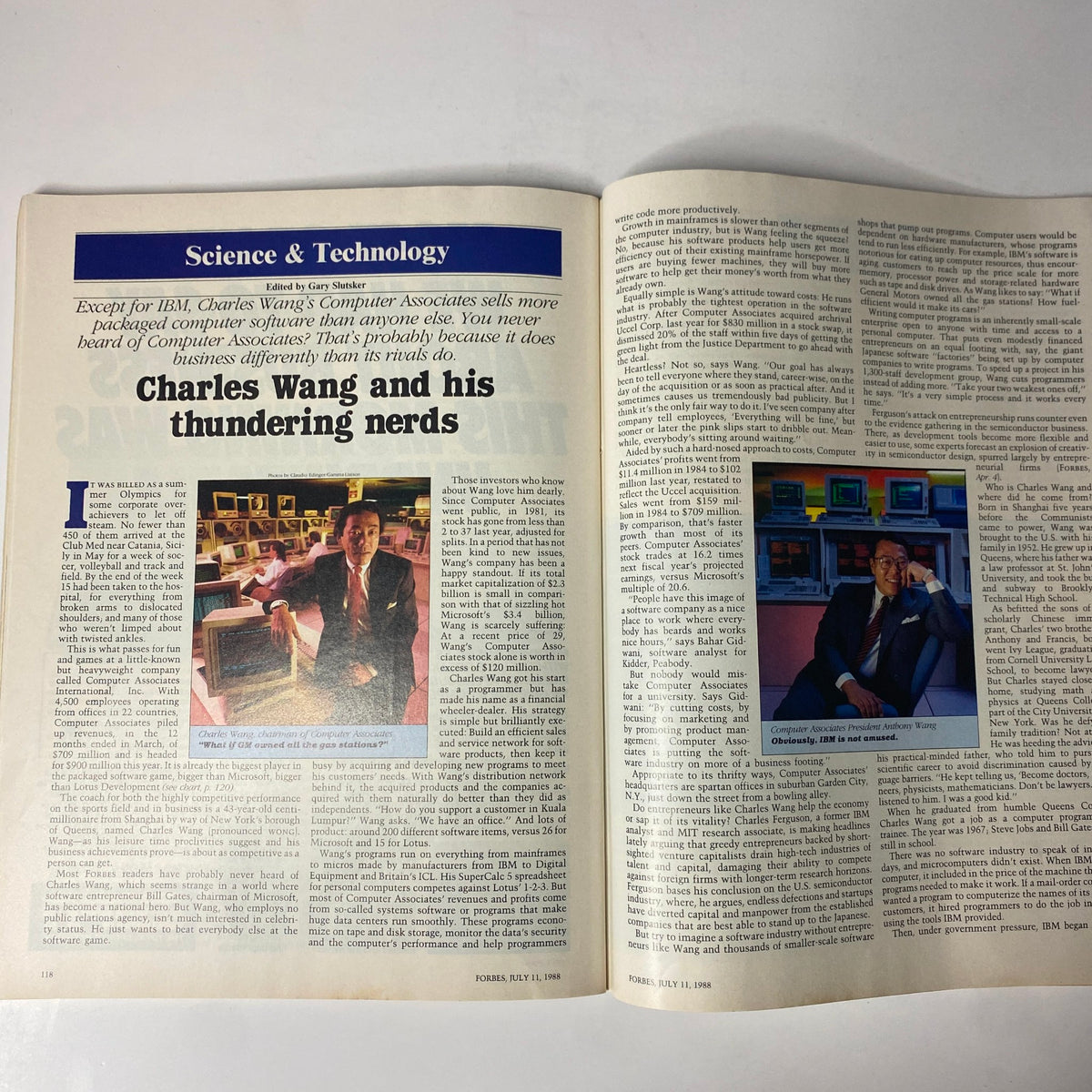 Forbes Magazine July 11, 1988 featuring an article on Charles Wang and his Thundering Nerds, showcasing insights into Computer Associates' business strategies with a vintage interior photo.