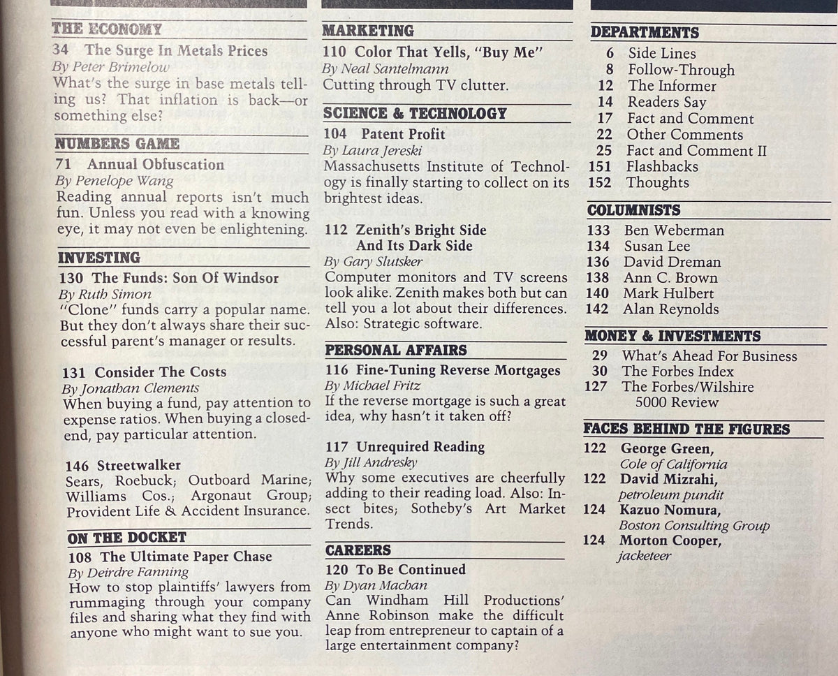 Investment and economy sections from Forbes Magazine May 2, 1988, highlighting articles about financial strategies.