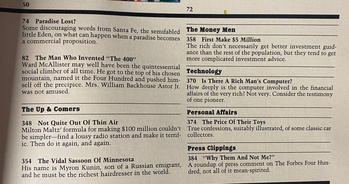Another table of contents page from Forbes Magazine 1985: The Richest People in America Special Edition, showcasing featured articles and topics.