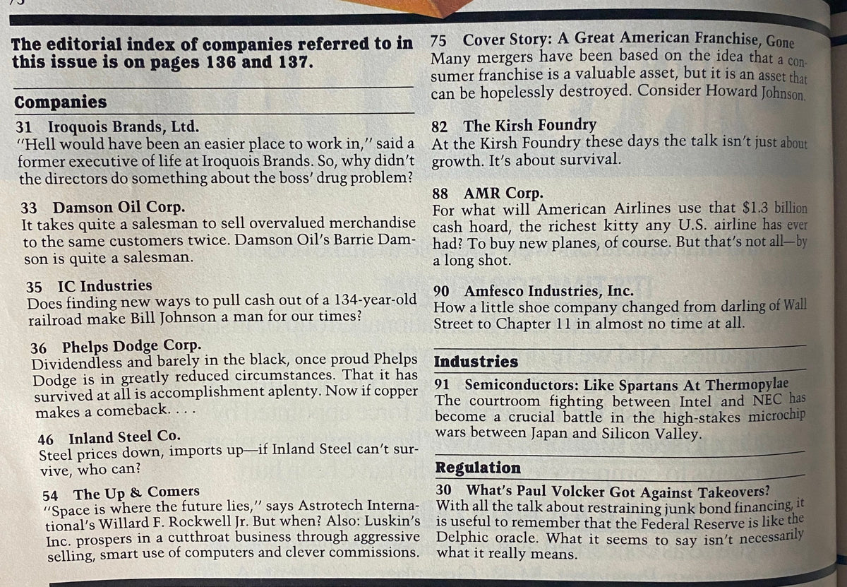 Editorial index page from Forbes Magazine December 30, 1985, listing companies and articles referred to in the issue, highlighting corporate challenges and notable brands.