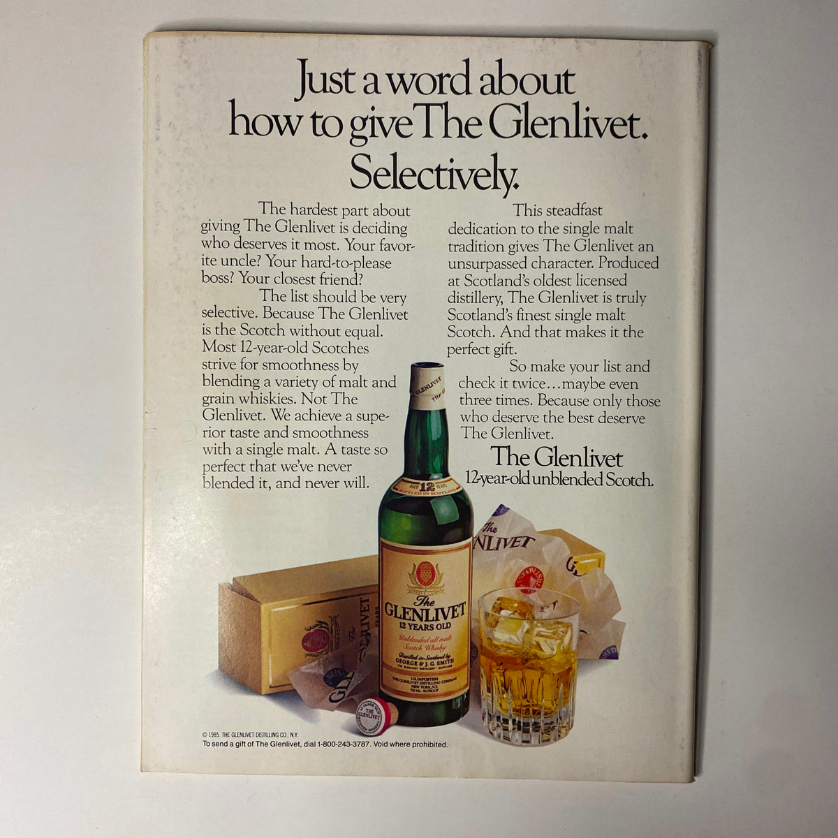 Back cover of Forbes Magazine December 30, 1985 featuring an advertisement for The Glenlivet Scotch with product details and promotional text.