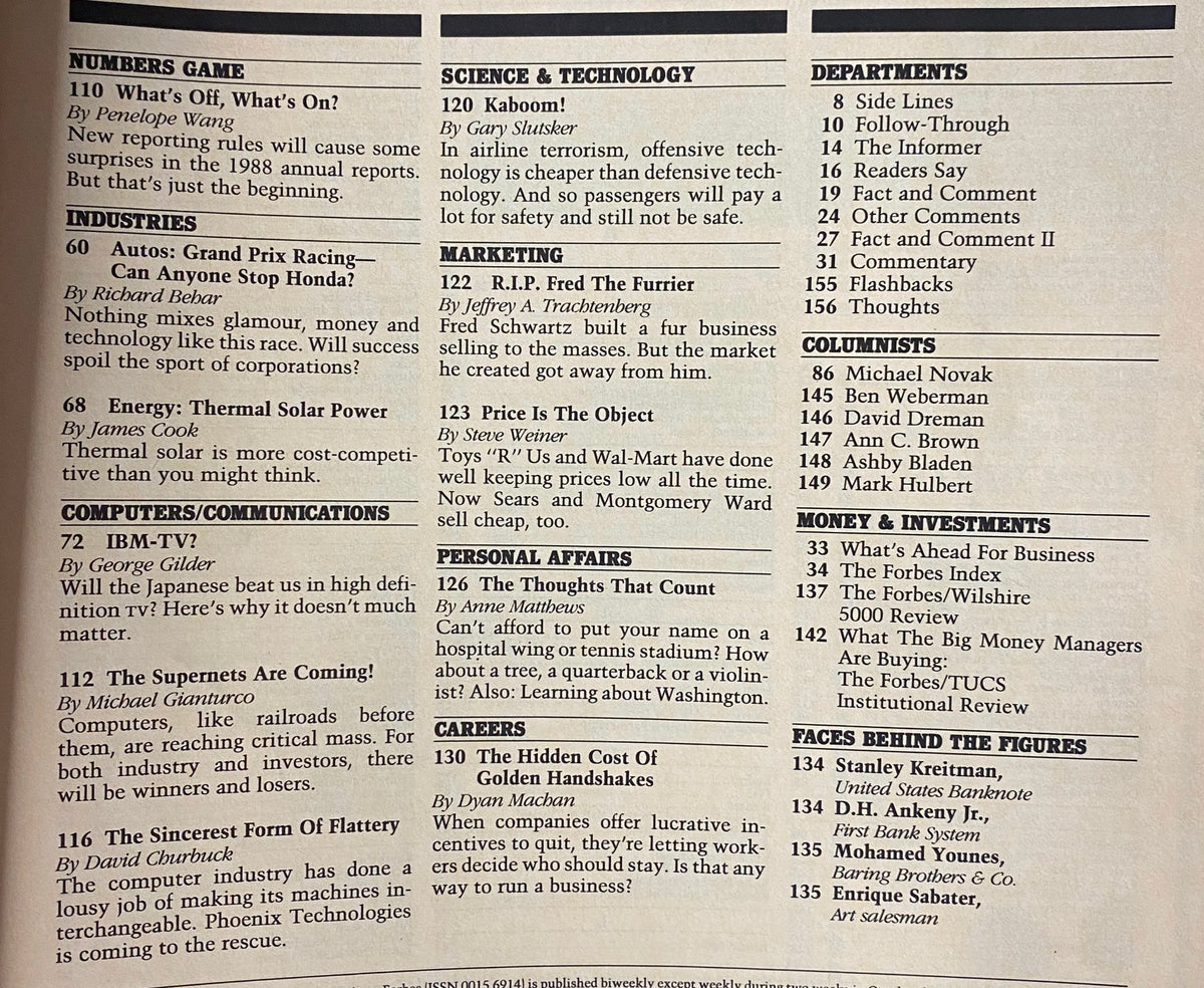 Inside pages of Forbes Magazine February 20, 1989 featuring analyses of companies including Shape Inc. and Publicker Industries, with a focus on media monopolies.