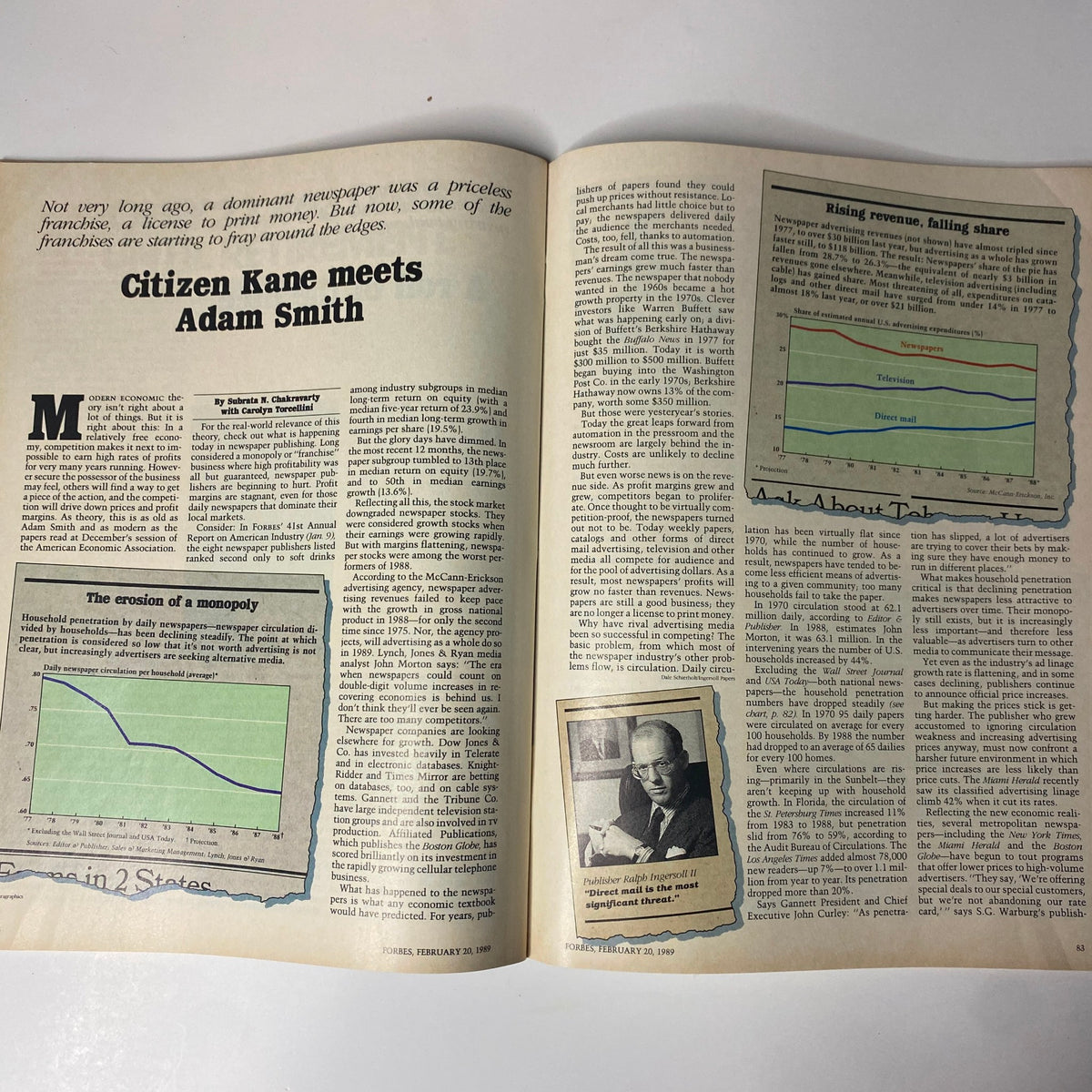 Feature article 'Citizen Kane Meets Adam Smith' in Forbes Magazine February 20, 1989, discussing the decline of newspaper franchises with graphs illustrating market trends.