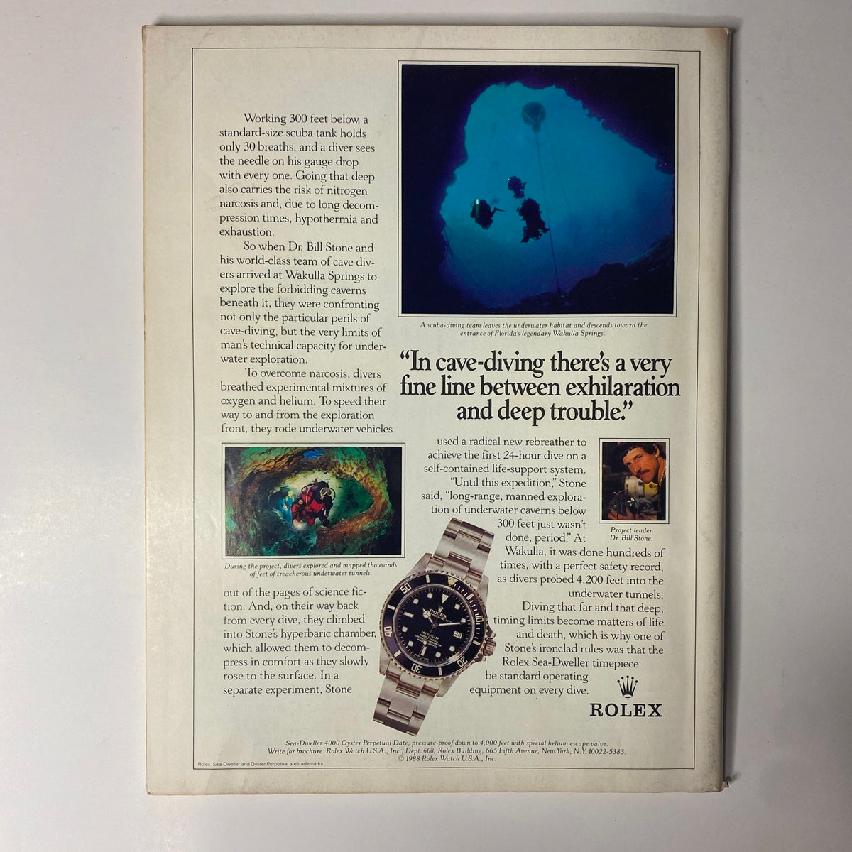 Back cover of Forbes Magazine February 20, 1989 showcasing Rolex advertisement featuring cave divers, emphasizing the exploration of underwater caverns.