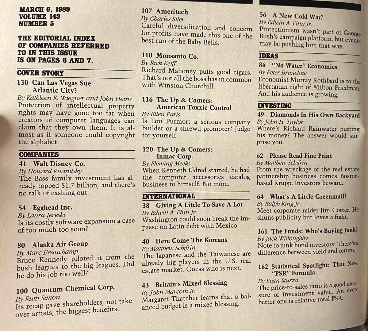 Table of contents page for Forbes Magazine March 6, 1989, listing featured articles including the cover story 'Can Las Vegas Sue Atlantic City?'