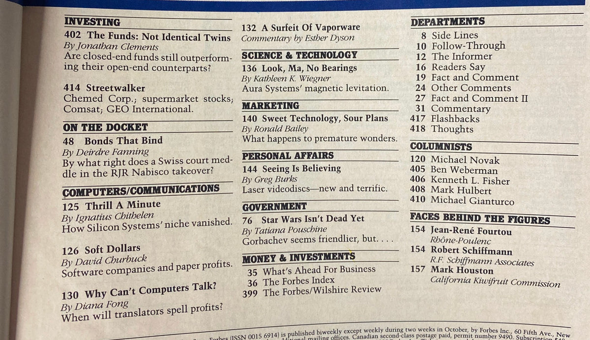 Page 402 of Forbes Magazine, May 1, 1989, featuring articles on investing, including funds comparison and upcoming market trends.