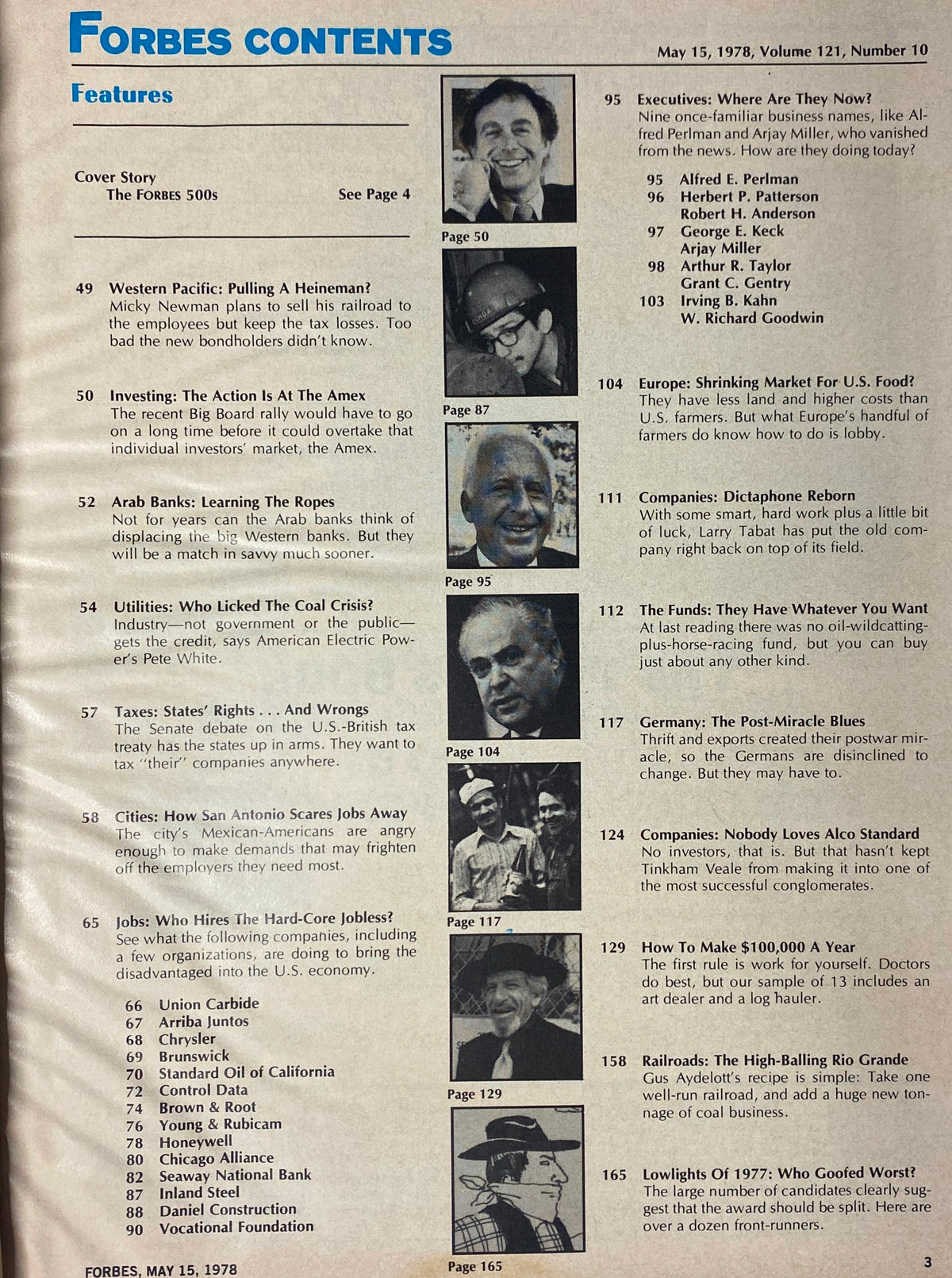 Contents page from Forbes Magazine May 15, 1978 outlining features including the cover story on the Forbes 500 and various articles on corporate insights and economic trends.