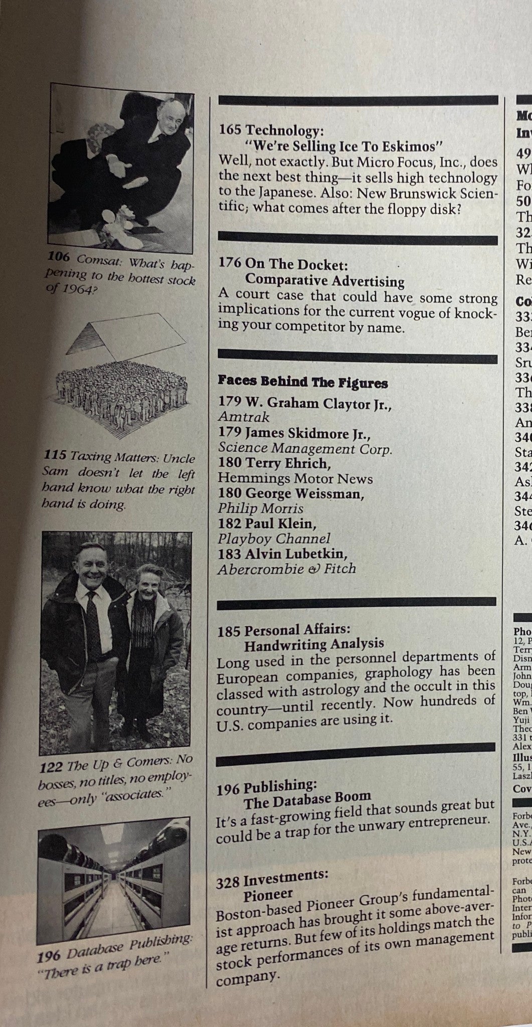 Another interior page of Forbes Magazine dated May 9, 1983, featuring article summaries and discussions on various companies and economic topics, including tax and advertising.